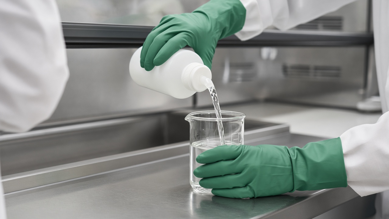 AI-generated illustration: hands in long green chemical-resistant gloves pouring liquid in a lab