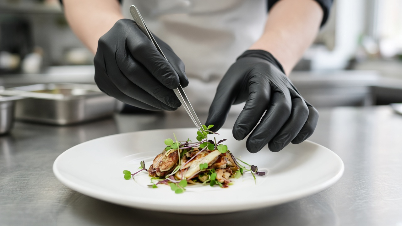 AI-generated illustration: chef's hands in black nitrile gloves plating a dish