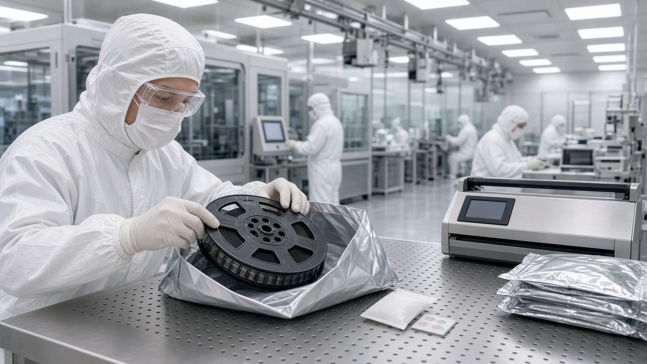 AI-generated illustration: worker in a cleanroom suit packing a 13-inch component reel into a silver moisture barrier bag