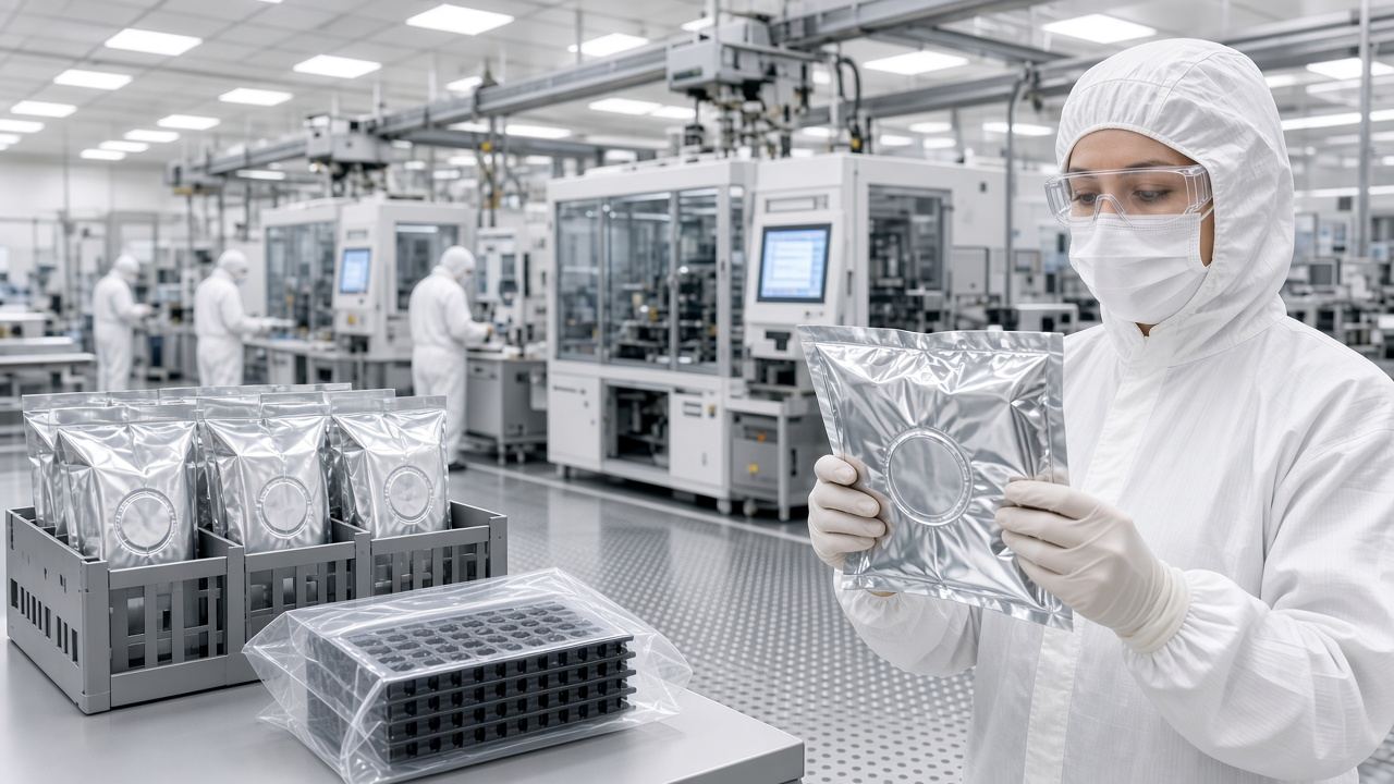 AI-generated illustration: worker holding a vacuum-sealed metalized bag with a component reel inside