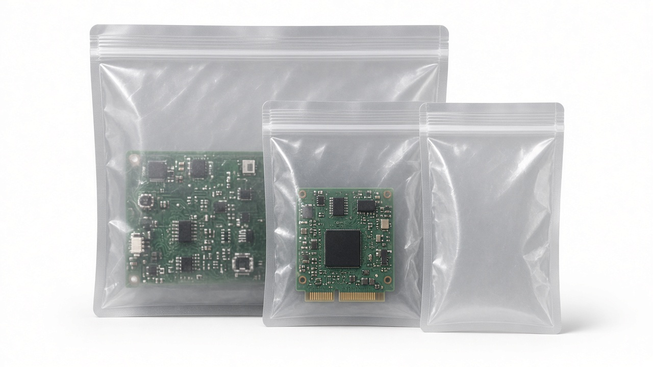 AI-generated illustration: translucent static-shielding bags with circuit boards inside